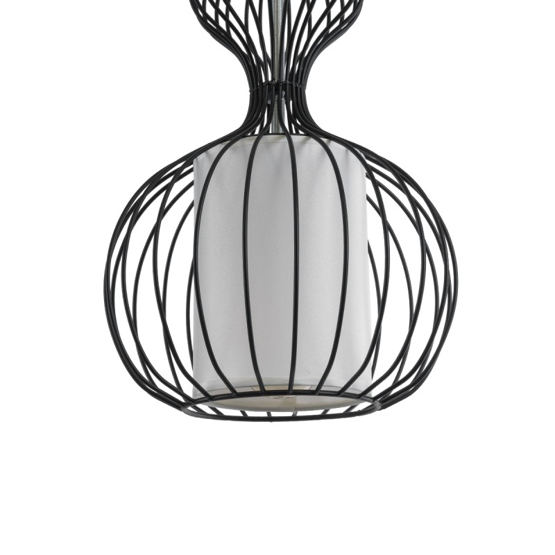 GloboStar® LILY 01560 Vintage Κρεμαστό Φωτιστικό Πλέγμα Μονόφωτο 1 x E27 IP20 Μαύρο Μέταλλο με Λευκό Ύφασμα - Μ25 x Π25 x Υ67cm