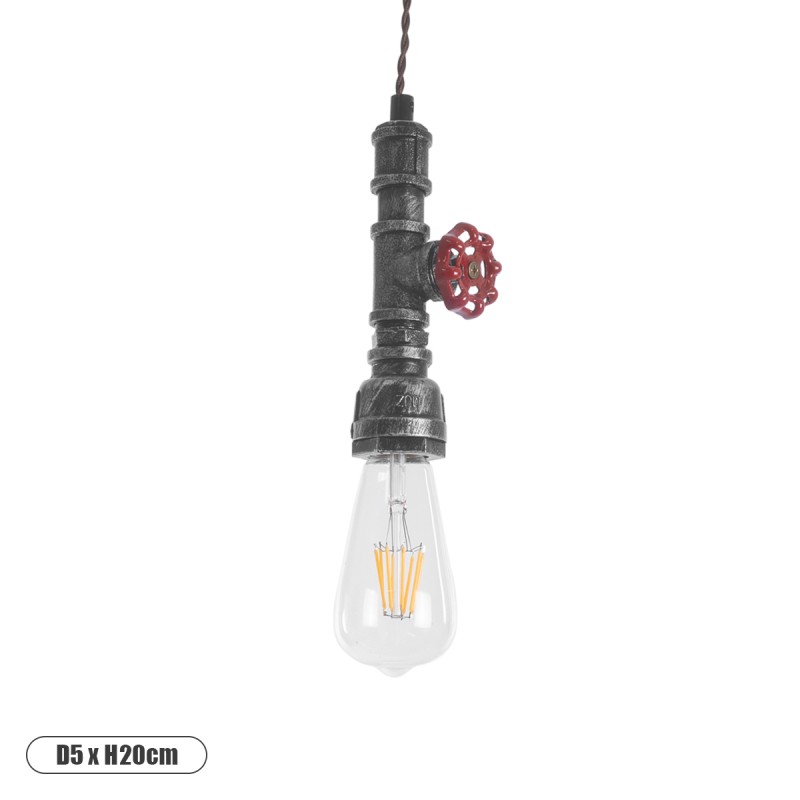 GloboStar® SPIGOT 01583 Vintage Κρεμαστό Φωτιστικό Ανάρτηση Μονόφωτο 1 x E27 IP20 Ασημί & Κόκκινο Μέταλλο - Μ5 x Π5 x Y20cm