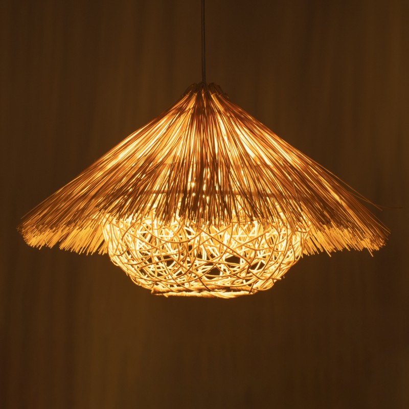 GloboStar® CHEOPE 01599 Boho Κρεμαστό Φωτιστικό Πλέγμα Μονόφωτο 1 x E27 IP20 Μπεζ Ξύλο με Μπεζ Rattan - Μ45 x Π45 x Y35cm