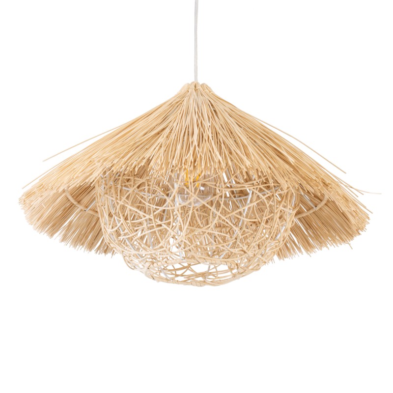 GloboStar® CHEOPE 01599 Boho Κρεμαστό Φωτιστικό Πλέγμα Μονόφωτο 1 x E27 IP20 Μπεζ Ξύλο με Μπεζ Rattan - Μ45 x Π45 x Y35cm
