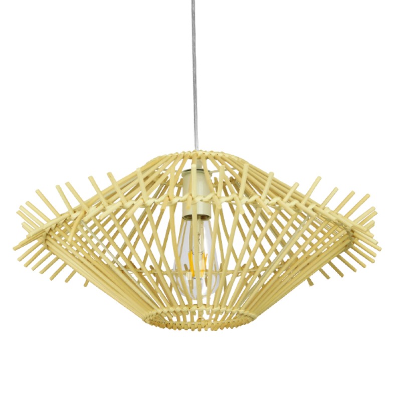 GloboStar® SASSO 01601 Boho Κρεμαστό Φωτιστικό Πλέγμα Μονόφωτο 1 x E27 IP20 Μπεζ Ξύλο - Μ50 x Π50 x Y23cm