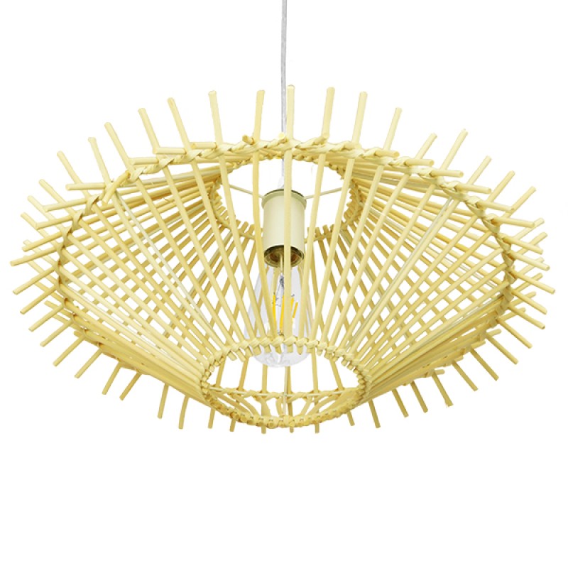 GloboStar® SASSO 01601 Boho Κρεμαστό Φωτιστικό Πλέγμα Μονόφωτο 1 x E27 IP20 Μπεζ Ξύλο - Μ50 x Π50 x Y23cm