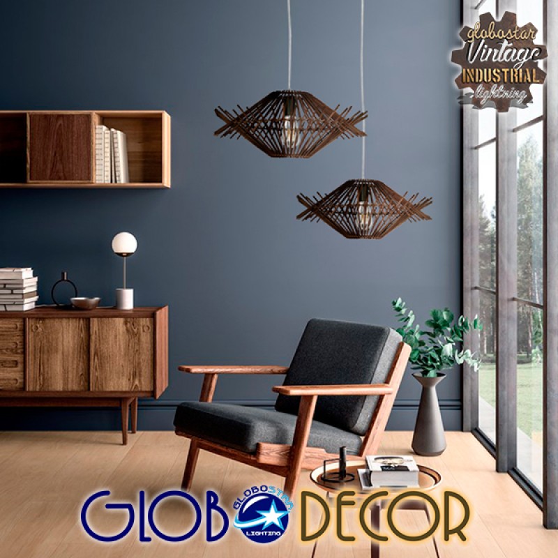 GloboStar® SASSO 01602 Boho Κρεμαστό Φωτιστικό Πλέγμα Μονόφωτο 1 x E27 IP20 Καφέ Ξύλο - Μ50 x Π50 x Y23cm