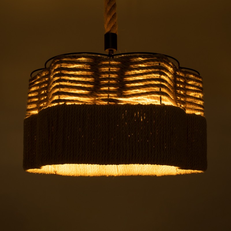 GloboStar® TONDO 01604 Boho Κρεμαστό Φωτιστικό Καπέλο Μονόφωτο 1 x E27 IP20 Μπεζ Σχοινί με Μαύρο Μέταλλο - Μ38 x Π38 x Y21cm