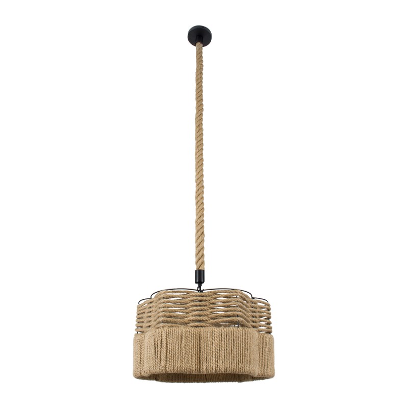 GloboStar® TONDO 01604 Boho Κρεμαστό Φωτιστικό Καπέλο Μονόφωτο 1 x E27 IP20 Μπεζ Σχοινί με Μαύρο Μέταλλο - Μ38 x Π38 x Y21cm
