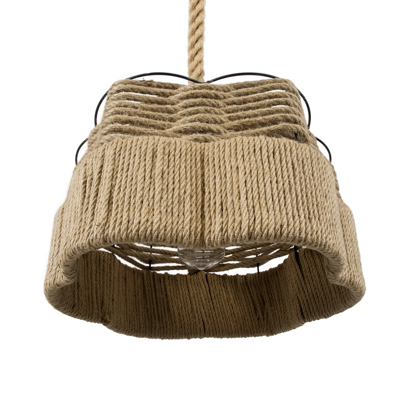 GloboStar® TONDO 01604 Boho Κρεμαστό Φωτιστικό Καπέλο Μονόφωτο 1 x E27 IP20 Μπεζ Σχοινί με Μαύρο Μέταλλο - Μ38 x Π38 x Y21cm