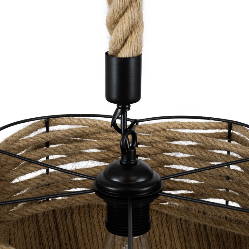 GloboStar® TONDO 01604 Boho Κρεμαστό Φωτιστικό Καπέλο Μονόφωτο 1 x E27 IP20 Μπεζ Σχοινί με Μαύρο Μέταλλο - Μ38 x Π38 x Y21cm
