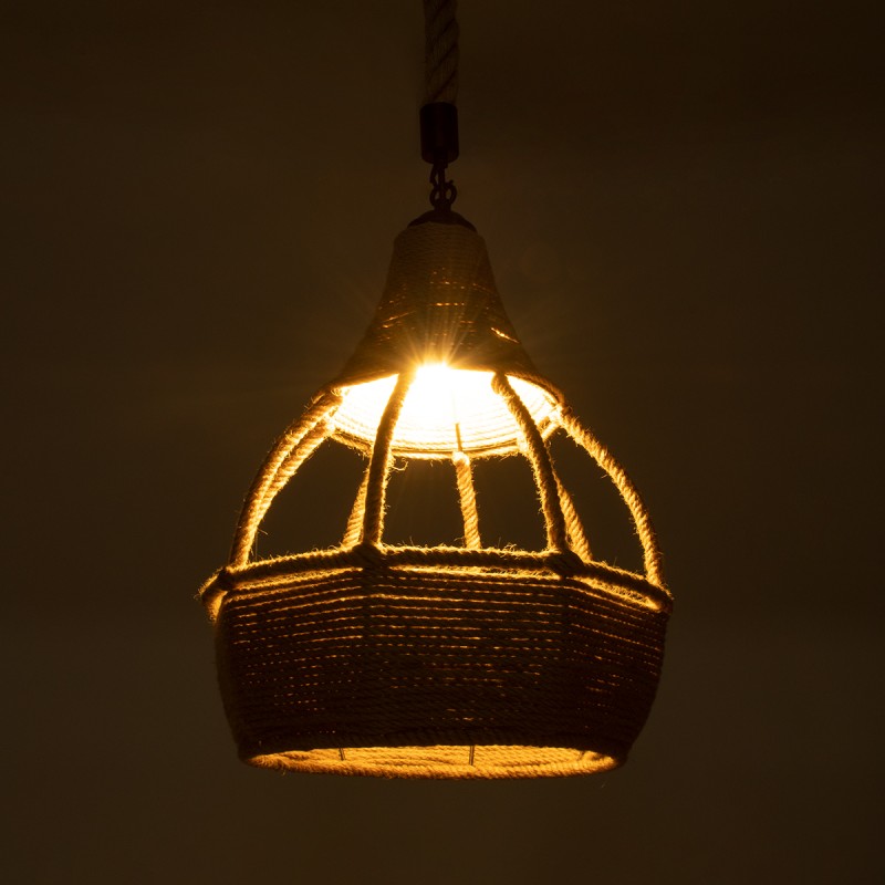 GloboStar® KUBRIC 01605 Boho Κρεμαστό Φωτιστικό Καμπάνα Μονόφωτο 1 x E27 IP20 Μπεζ Σχοινί - Μ30 x Π30 x Y40cm