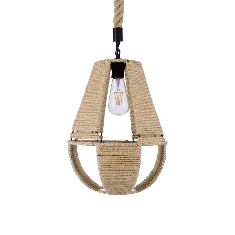 GloboStar® POLIA 01608 Boho Κρεμαστό Φωτιστικό Πλέγμα Μονόφωτο 1 x E27 IP20 Μπεζ Σχοινί - Μ30 x Π30 x Y42cm