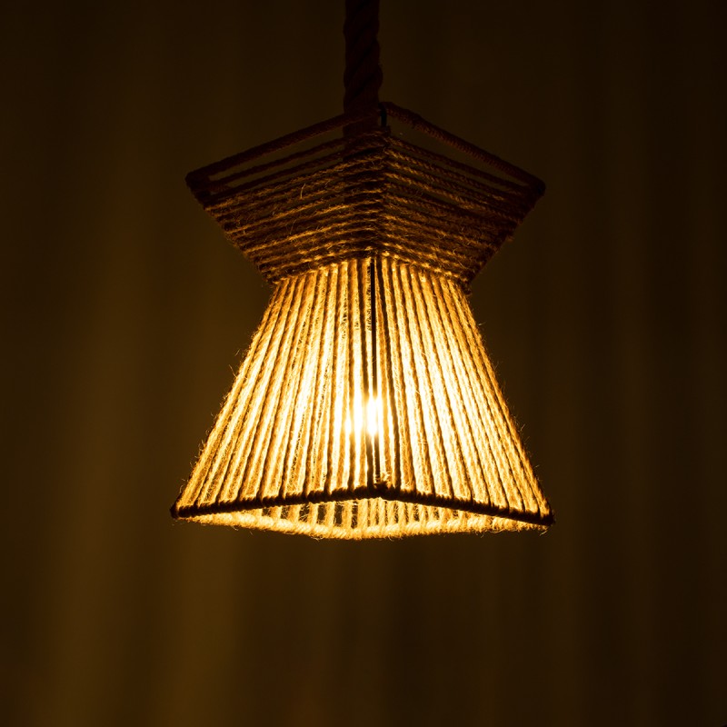 GloboStar® ROUGE 01611 Boho Κρεμαστό Φωτιστικό Πλέγμα Μονόφωτο 1 x E27 IP20 Μπεζ Σχοινί - Μ21 x Π21 x Y27cm