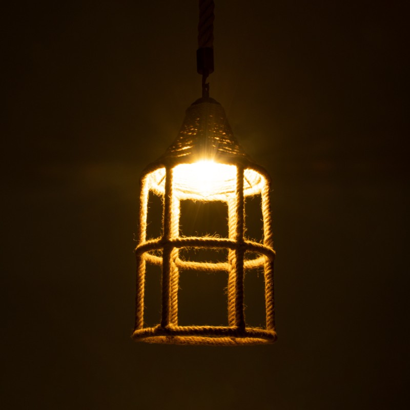 GloboStar® YUBA 01612 Boho Κρεμαστό Φωτιστικό Πλέγμα Μονόφωτο 1 x E27 IP20 Μπεζ Σχοινί - Μ22 x Π22 x Y40cm