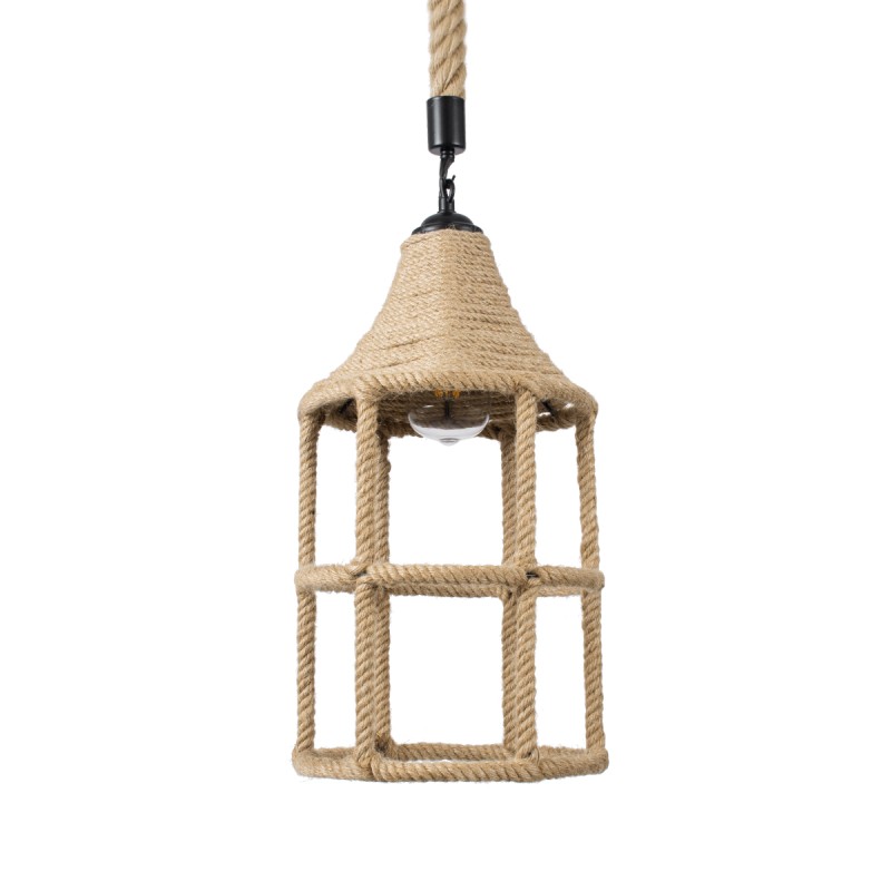 GloboStar® YUBA 01612 Boho Κρεμαστό Φωτιστικό Πλέγμα Μονόφωτο 1 x E27 IP20 Μπεζ Σχοινί - Μ22 x Π22 x Y40cm