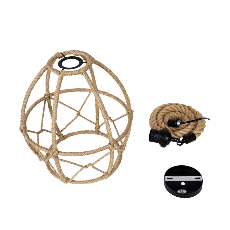 GloboStar® TELAN 01615 Vintage Κρεμαστό Φωτιστικό Πλέγμα Μονόφωτο 1 x E27 IP20 Μπεζ Σχοινί - Μ30 x Π30 x Υ38cm