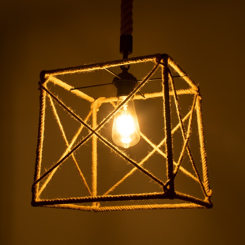 GloboStar® POLISHED 01616 Vintage Κρεμαστό Φωτιστικό Πλέγμα Μονόφωτο 1 x E27 IP20 Μαύρο Μέταλλο με Μπεζ Σχοινί - Μ30 x Π28 x Υ30cm