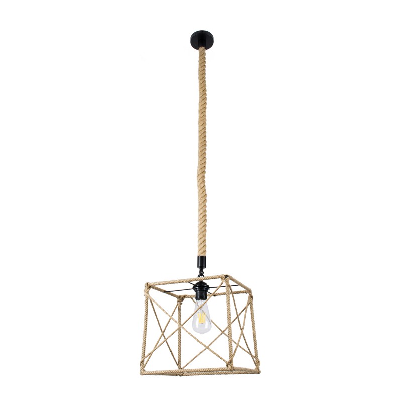 GloboStar® POLISHED 01616 Vintage Κρεμαστό Φωτιστικό Πλέγμα Μονόφωτο 1 x E27 IP20 Μαύρο Μέταλλο με Μπεζ Σχοινί - Μ30 x Π28 x Υ30cm