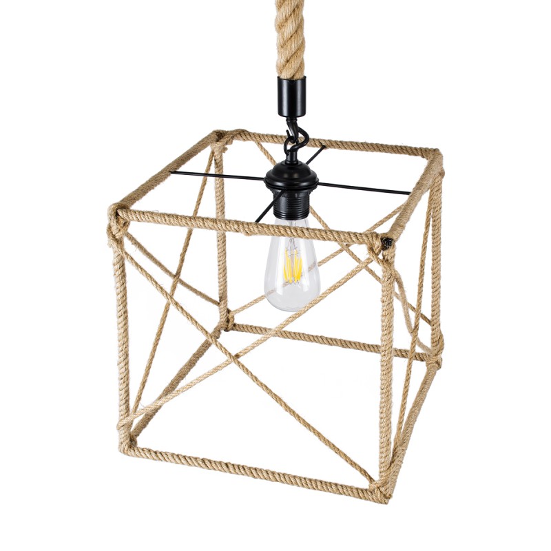 GloboStar® POLISHED 01616 Vintage Κρεμαστό Φωτιστικό Πλέγμα Μονόφωτο 1 x E27 IP20 Μαύρο Μέταλλο με Μπεζ Σχοινί - Μ30 x Π28 x Υ30cm