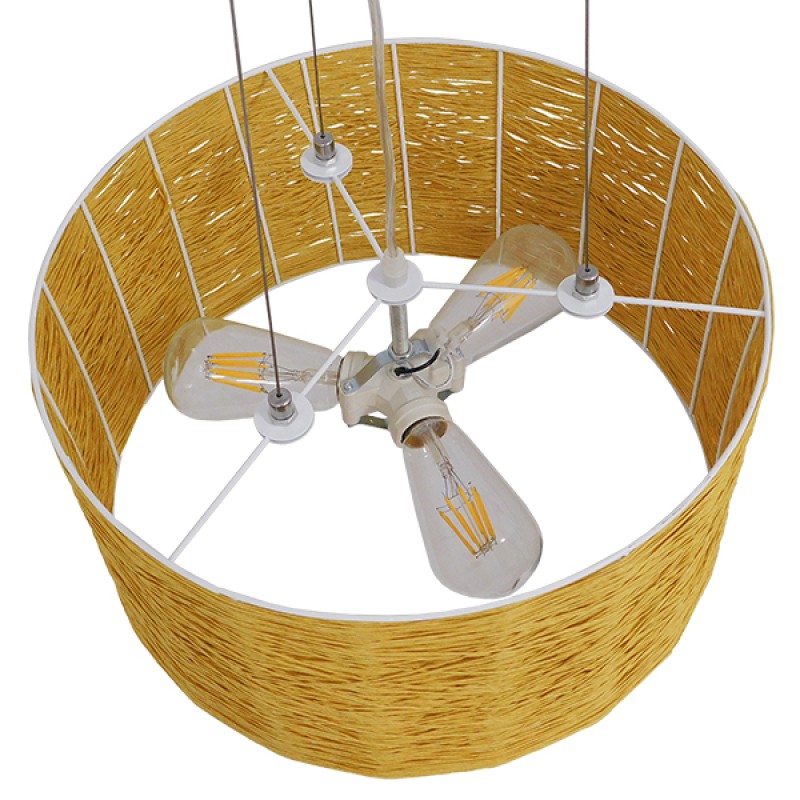 GloboStar® INCASS 01630 Vintage Κρεμαστό Φωτιστικό Καπέλο Τρίφωτο 3 x E27 IP20 Μπεζ Rattan - Μ40 x Π40 x Υ22cm