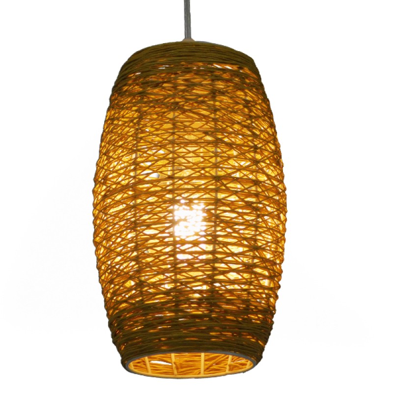 GloboStar® INCASS 01631 Vintage Κρεμαστό Φωτιστικό Ανάρτηση Μονόφωτο 1 x E27 IP20 Μπεζ Rattan - Μ15 x Π15 x Υ25cm