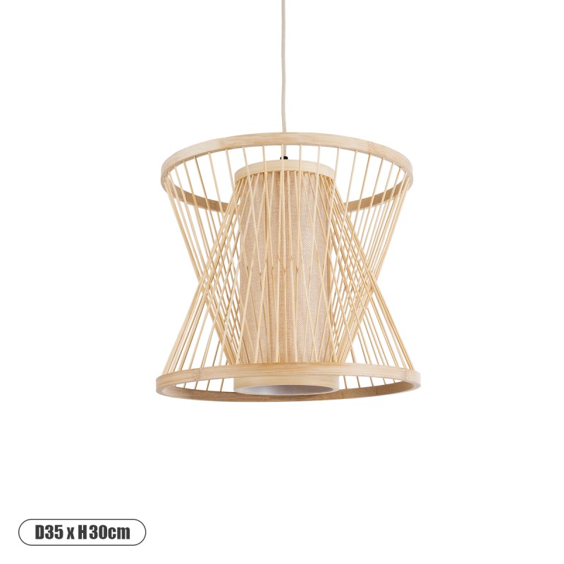 GloboStar® HIBISCUS 01632 Boho Κρεμαστό Φωτιστικό Καπέλο Μονόφωτο 1 x E27 IP20 Μπεζ Ξύλο - Μ35 x Π35 x Y30cm