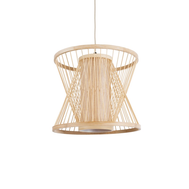 GloboStar® HIBISCUS 01632 Boho Κρεμαστό Φωτιστικό Καπέλο Μονόφωτο 1 x E27 IP20 Μπεζ Ξύλο - Μ35 x Π35 x Y30cm