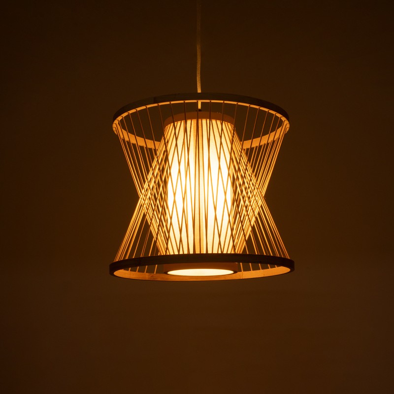 GloboStar® HIBISCUS 01632 Boho Κρεμαστό Φωτιστικό Καπέλο Μονόφωτο 1 x E27 IP20 Μπεζ Ξύλο - Μ35 x Π35 x Y30cm