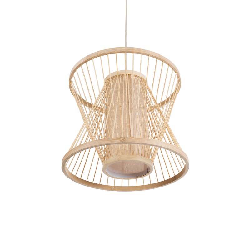 GloboStar® HIBISCUS 01632 Boho Κρεμαστό Φωτιστικό Καπέλο Μονόφωτο 1 x E27 IP20 Μπεζ Ξύλο - Μ35 x Π35 x Y30cm