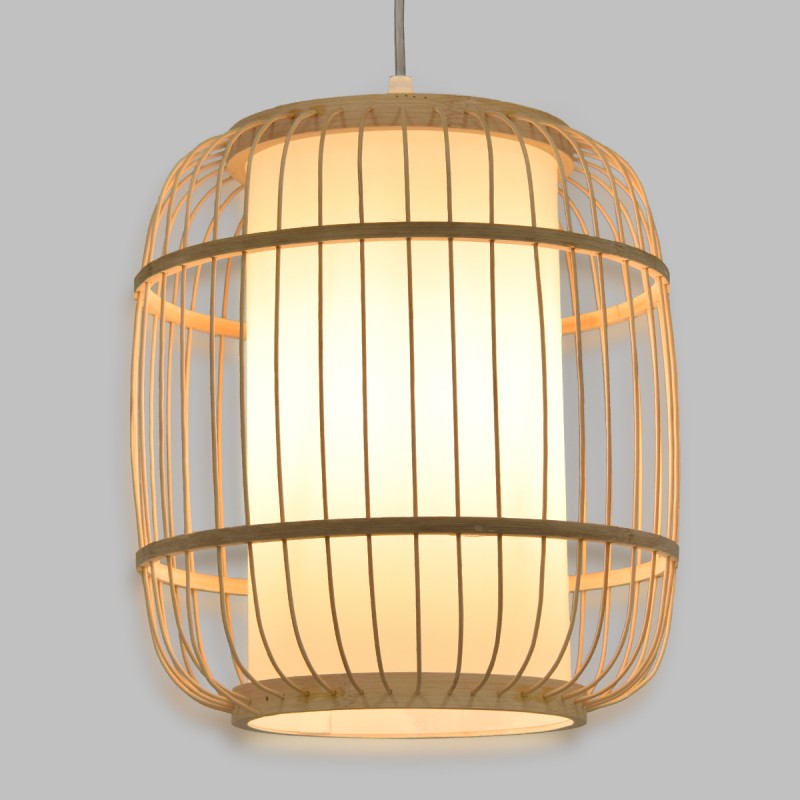 GloboStar® HIBISCUS 01633 Boho Κρεμαστό Φωτιστικό Ανάρτηση Μονόφωτο 1 x E27 IP20 Μπεζ Ξύλο - Μ26 x Π26 x Y32cm