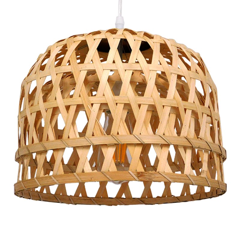 GloboStar® MANGEA 01634 Boho Κρεμαστό Φωτιστικό Πλέγμα Μονόφωτο 1 x E27 IP20 Μπεζ Ξύλο - Μ32 x Π32 x Υ30cm