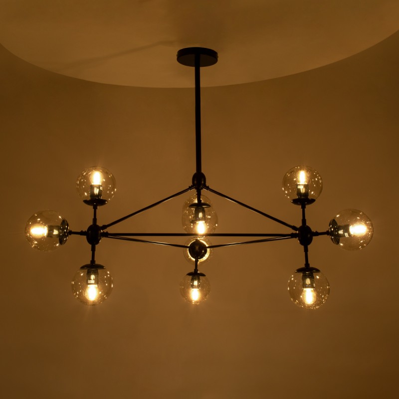 GloboStar® SENTINEL 01636 Μοντέρνο Φωτιστικό Οροφής Πλέγμα Πολύφωτο 10 x E27 IP20 Μαύρο Μέταλλο με μελί Γυαλί - Μ105 x Π80 x Υ90cm