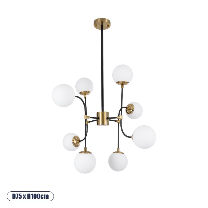 GloboStar® STARDUST 01649 Vintage Φωτιστικό Οροφής Πλέγμα Πολύφωτο 8 x E27 IP20 Μαύρο & Χρυσό Μέταλλο με Λευκό Γυαλί - Μ75 x Π75 x Υ100cm