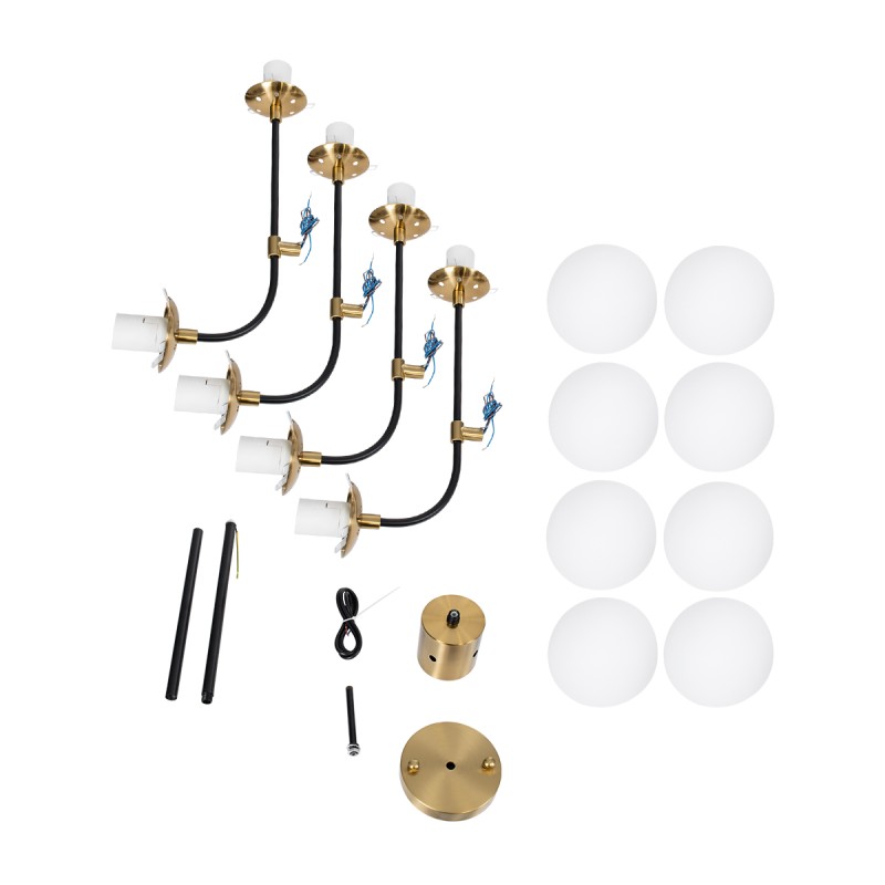 GloboStar® STARDUST 01649 Vintage Φωτιστικό Οροφής Πλέγμα Πολύφωτο 8 x E27 IP20 Μαύρο & Χρυσό Μέταλλο με Λευκό Γυαλί - Μ75 x Π75 x Υ100cm