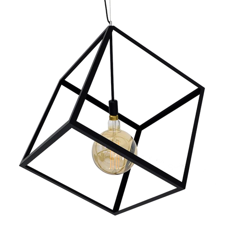 GloboStar® CUBE 01672 Μοντέρνο Κρεμαστό Φωτιστικό Πλέγμα Μονόφωτο 1 x E27 IP20 Μαύρο Μέταλλο - Μ70 x Π70 x Υ87cm