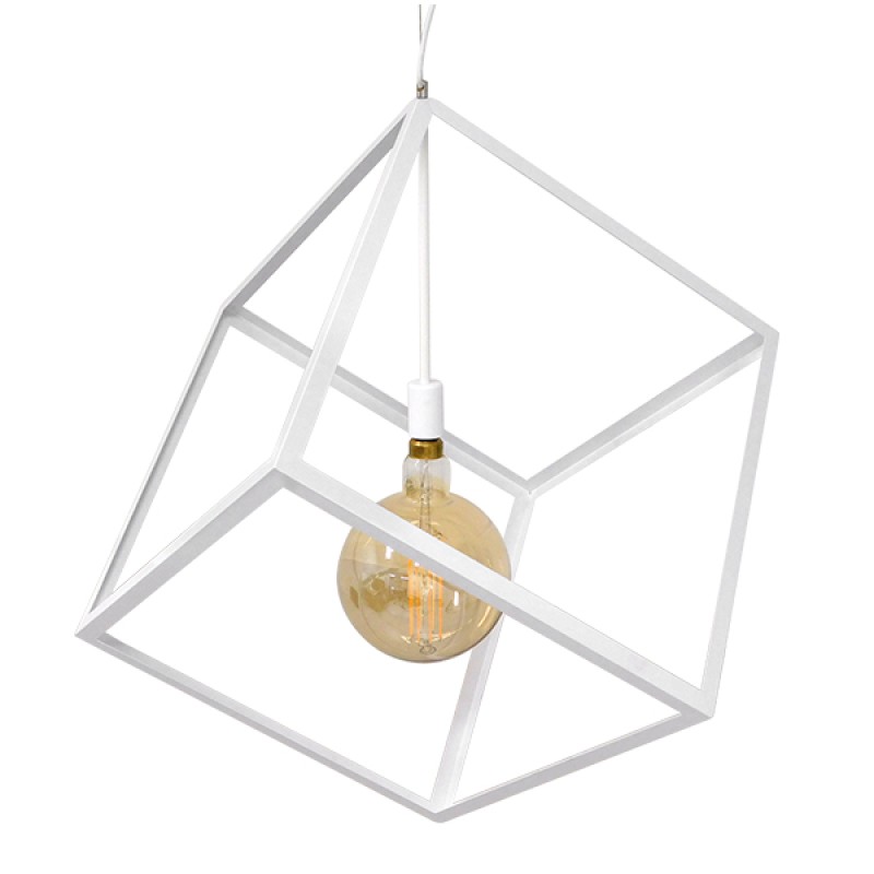 GloboStar® CUBE 01675 Μοντέρνο Κρεμαστό Φωτιστικό Πλέγμα Μονόφωτο 1 x E27 IP20 Λευκό Μέταλλο - Μ70 x Π70 x Y87cm