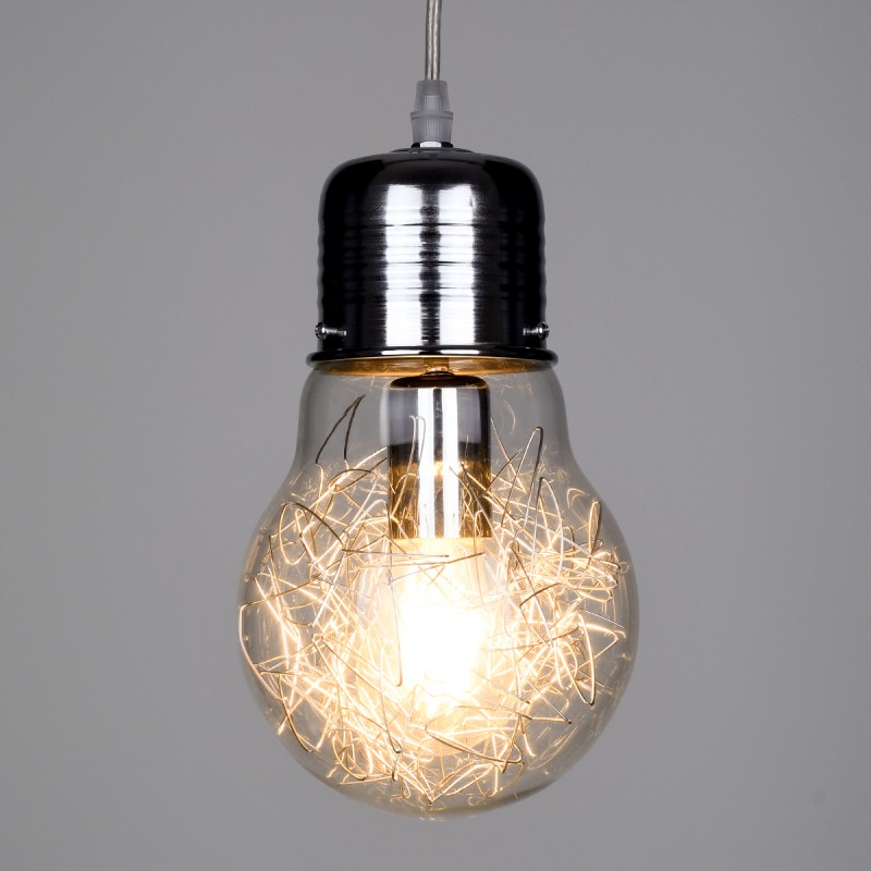 GloboStar® LAMP 01676 Μοντέρνο Κρεμαστό Φωτιστικό Φιγούρα Μονόφωτο 1 x E27 IP20 Ασημί Μέταλλο με Διάφανο Γυαλί - Μ15 x Π15 x Υ27cm
