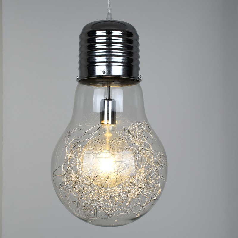 GloboStar® LAMP 01677 Μοντέρνο Κρεμαστό Φωτιστικό Φιγούρα Μονόφωτο 1 x E27 IP20 Ασημί Μέταλλο με Διάφανο Γυαλί - Μ30 x Π30 x Υ52cm