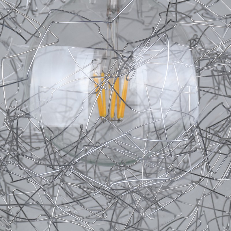 GloboStar® LAMP 01677 Μοντέρνο Κρεμαστό Φωτιστικό Φιγούρα Μονόφωτο 1 x E27 IP20 Ασημί Μέταλλο με Διάφανο Γυαλί - Μ30 x Π30 x Υ52cm