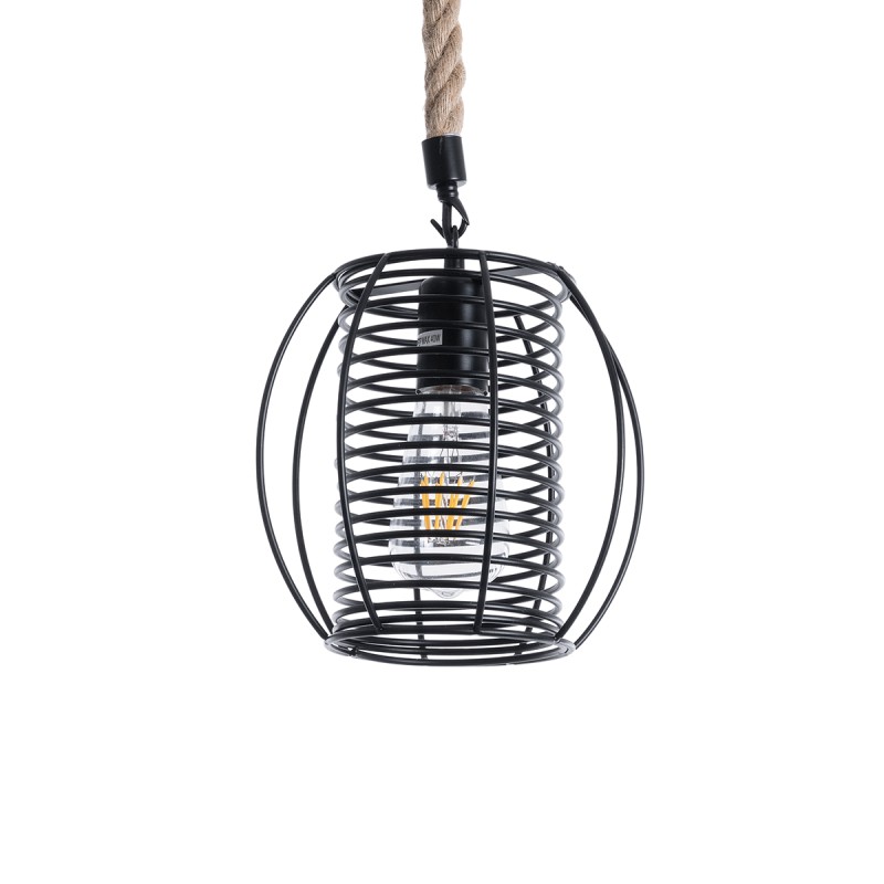 GloboStar® ORVAL 01689 Μοντέρνο Κρεμαστό Φωτιστικό Πλέγμα Μονόφωτο 1 x E27 IP20 Μαύρο Μέταλλο με Μπεζ Σχοινί - Μ20 x Π20 x Υ20cm
