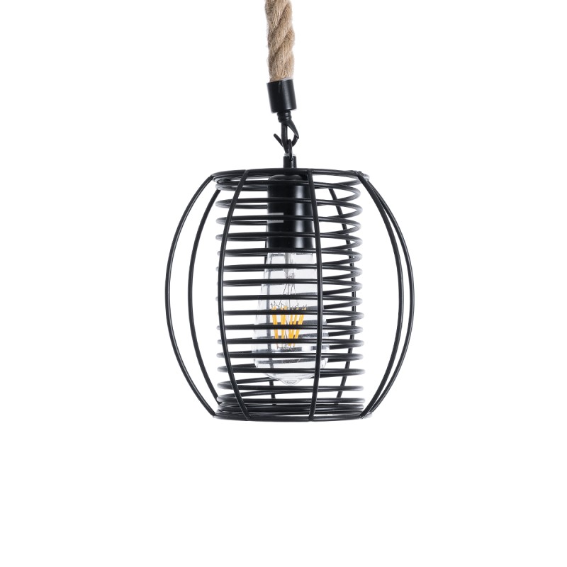 GloboStar® ORVAL 01689 Μοντέρνο Κρεμαστό Φωτιστικό Πλέγμα Μονόφωτο 1 x E27 IP20 Μαύρο Μέταλλο με Μπεζ Σχοινί - Μ20 x Π20 x Υ20cm