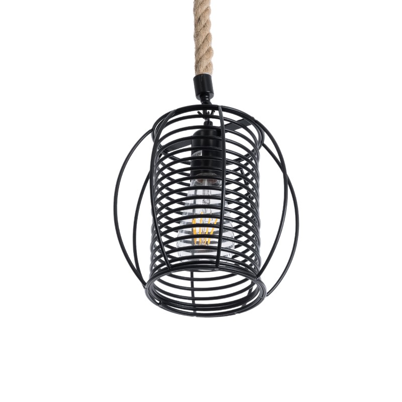 GloboStar® ORVAL 01689 Μοντέρνο Κρεμαστό Φωτιστικό Πλέγμα Μονόφωτο 1 x E27 IP20 Μαύρο Μέταλλο με Μπεζ Σχοινί - Μ20 x Π20 x Υ20cm