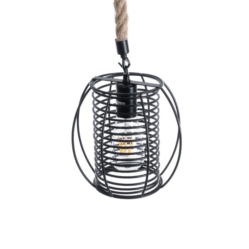 GloboStar® ORVAL 01689 Μοντέρνο Κρεμαστό Φωτιστικό Πλέγμα Μονόφωτο 1 x E27 IP20 Μαύρο Μέταλλο με Μπεζ Σχοινί - Μ20 x Π20 x Υ20cm
