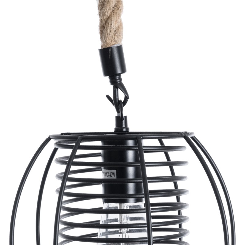 GloboStar® ORVAL 01689 Μοντέρνο Κρεμαστό Φωτιστικό Πλέγμα Μονόφωτο 1 x E27 IP20 Μαύρο Μέταλλο με Μπεζ Σχοινί - Μ20 x Π20 x Υ20cm