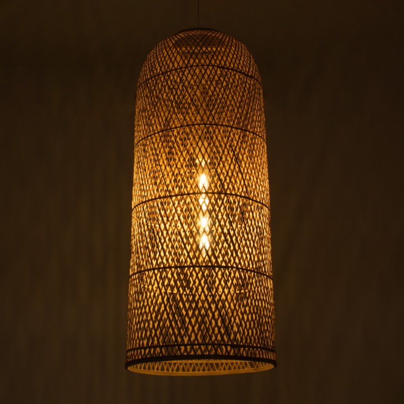 GloboStar® CALERO 01712 Boho Κρεμαστό Φωτιστικό Πλέγμα Μονόφωτο 1 x E27 IP20 Μπεζ Ξύλο - Μ40 x Π40 x Υ90cm