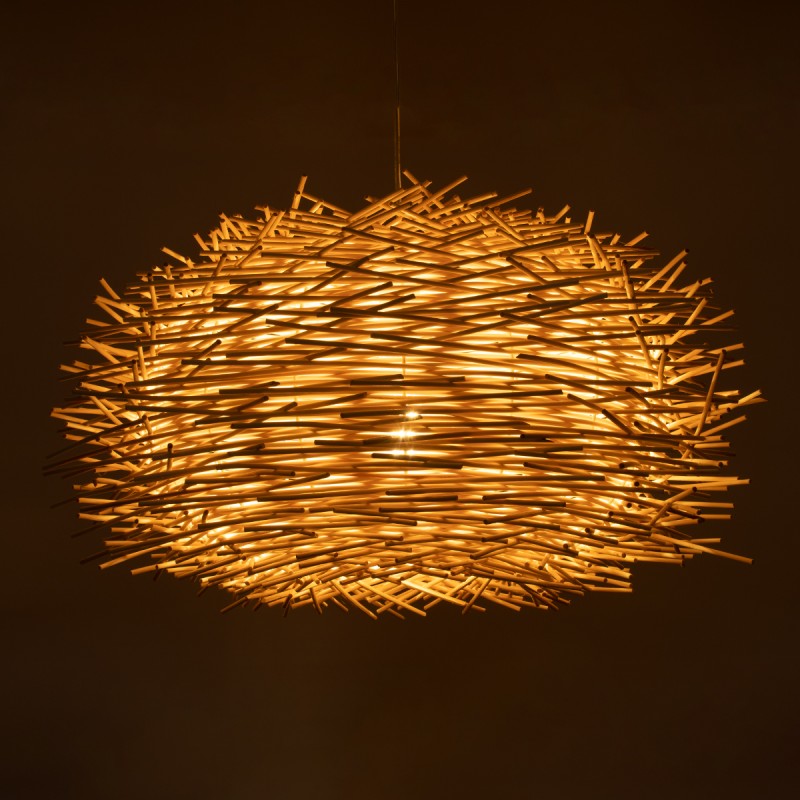 GloboStar® MINORCA 01731 Boho Κρεμαστό Φωτιστικό Ανάρτηση Μονόφωτο 1 x E27 IP20 Μπεζ Ξύλο - Μ60 x Π60 x Y35cm