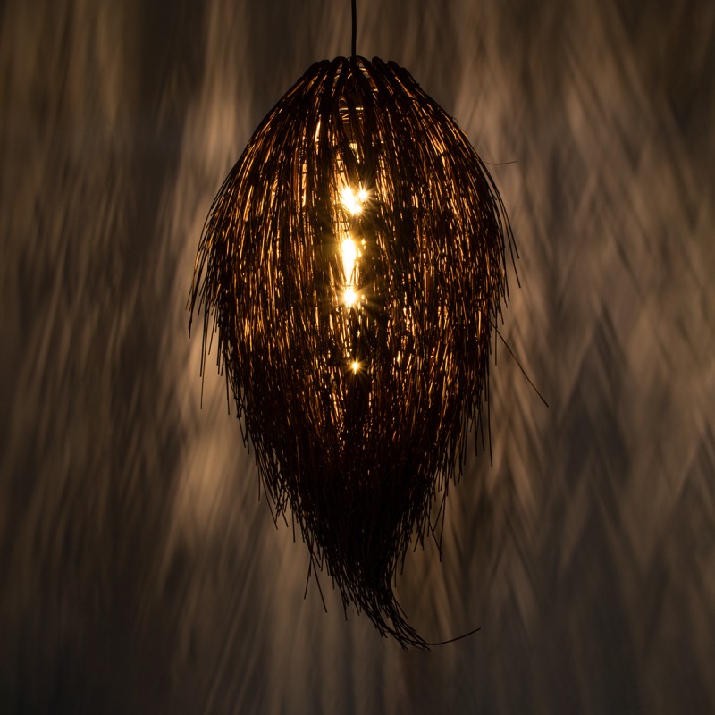 GloboStar® ARCHIPELAGO 01748 Boho Κρεμαστό Φωτιστικό Πλέγμα Μονόφωτο 1 x E27 IP20 Καφέ Ξύλο - Μ30 x Π30 x Υ63cm