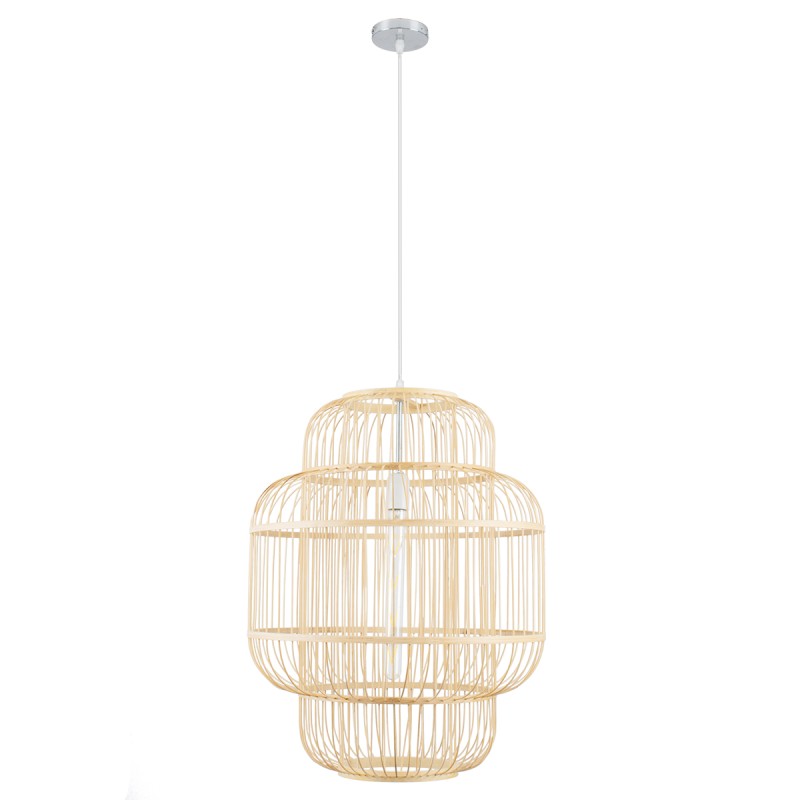 GloboStar® HIBISCUS 01763 Boho Κρεμαστό Φωτιστικό Πλέγμα Μονόφωτο 1 x E27 IP20 Μπεζ Ξύλο - Μ48 x Π48 x Y60cm