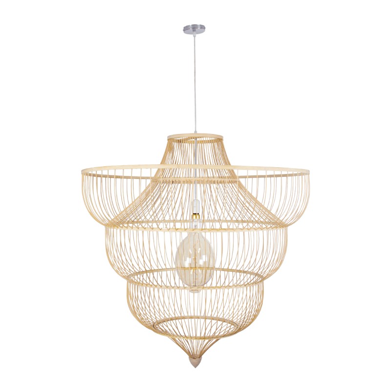 GloboStar® HIBISCUS 01781 Boho Κρεμαστό Φωτιστικό Πλέγμα Μονόφωτο 1 x E27 IP20 Μπεζ Ξύλο - Μ100 x Π100 x Υ100cm