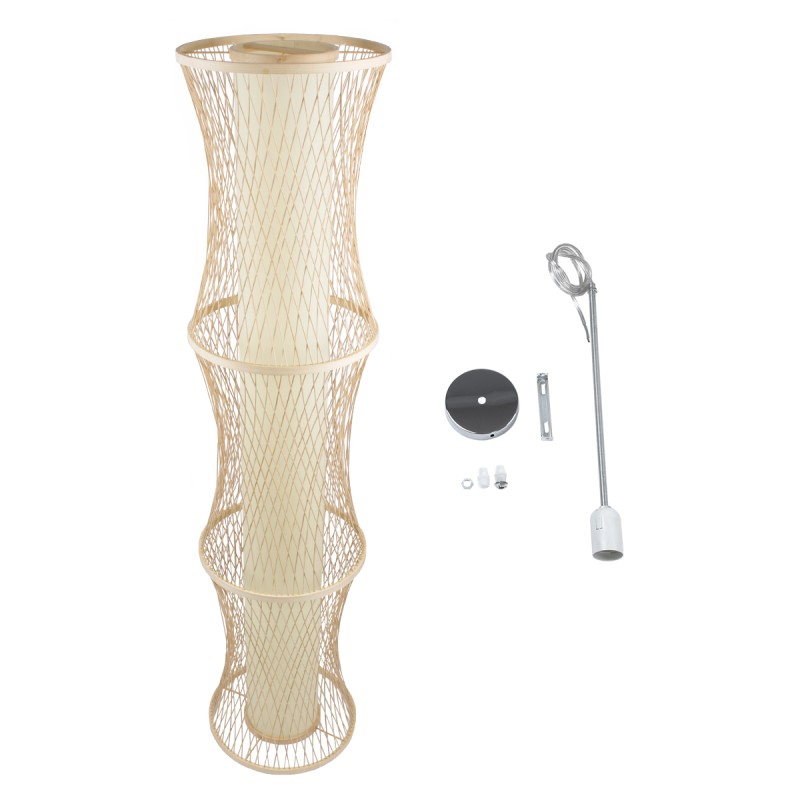 GloboStar® HIBISCUS 01783 Boho Κρεμαστό Φωτιστικό Πλέγμα Μονόφωτο 1 x E27 IP20 Μπεζ Ξύλο - Μ35 x Π35 x Υ150cm