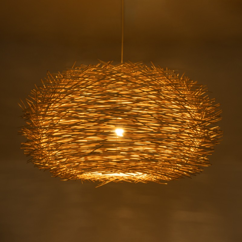 GloboStar® MINORCA 01786 Boho Κρεμαστό Φωτιστικό Πλέγμα Μονόφωτο 1 x E27 IP20 Μπεζ Ξύλο - Μ100 x Π100 x Υ45cm