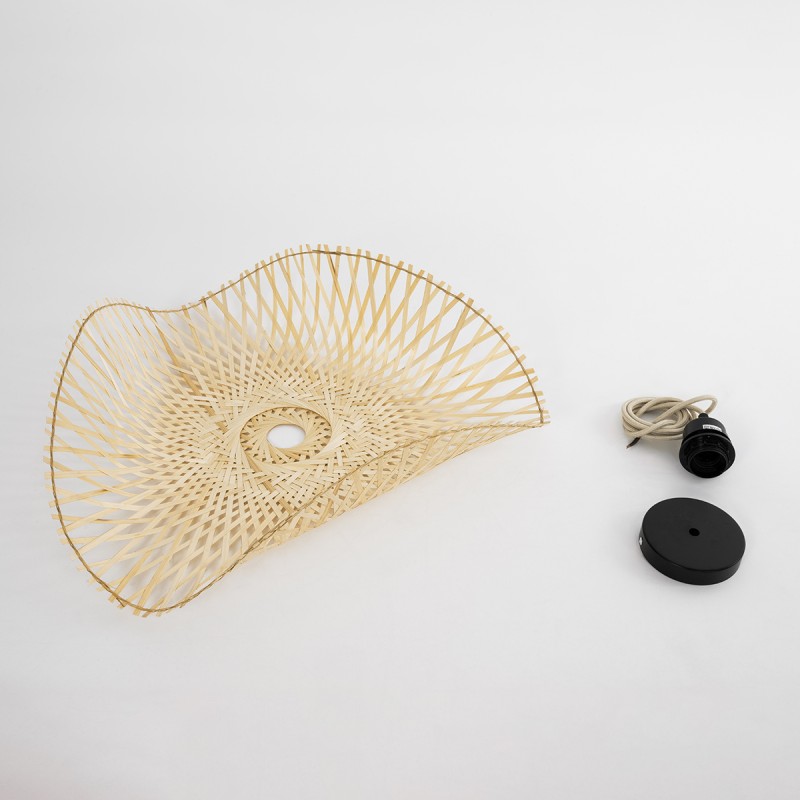 GloboStar® MELEMELE 01840 Boho Κρεμαστό Φωτιστικό Πλέγμα Μονόφωτο 1 x E27 IP20 Μπεζ Ξύλο - Μ50 x Π50 x Υ7cm