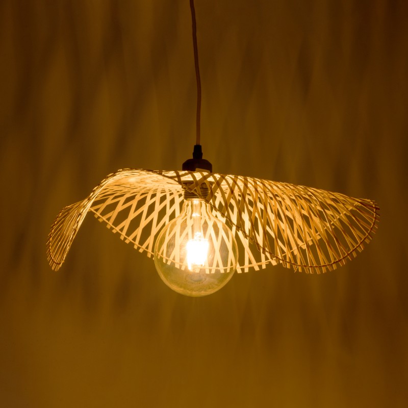 GloboStar® MELEMELE 01840 Boho Κρεμαστό Φωτιστικό Πλέγμα Μονόφωτο 1 x E27 IP20 Μπεζ Ξύλο - Μ50 x Π50 x Υ7cm